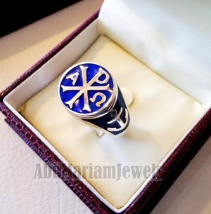 Chi Rho anchor on the sides cross christ christian symbol sterling silver 925 with dark blue enamel man round ring jewelry fast shipping