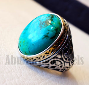 man ring nishapur tibet turquoise blue natural high quality stone sterling silver 925 and gold plated frame gem middle eastern style