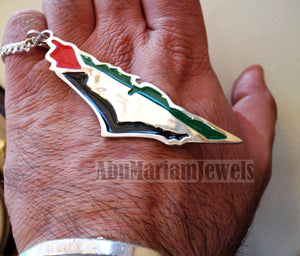 Huge heavy Palestine map flag pendant with thick chain 2 sterling silver 925 enamel colorful jewelry arabic fast shipping خارطه و علم فلسطين