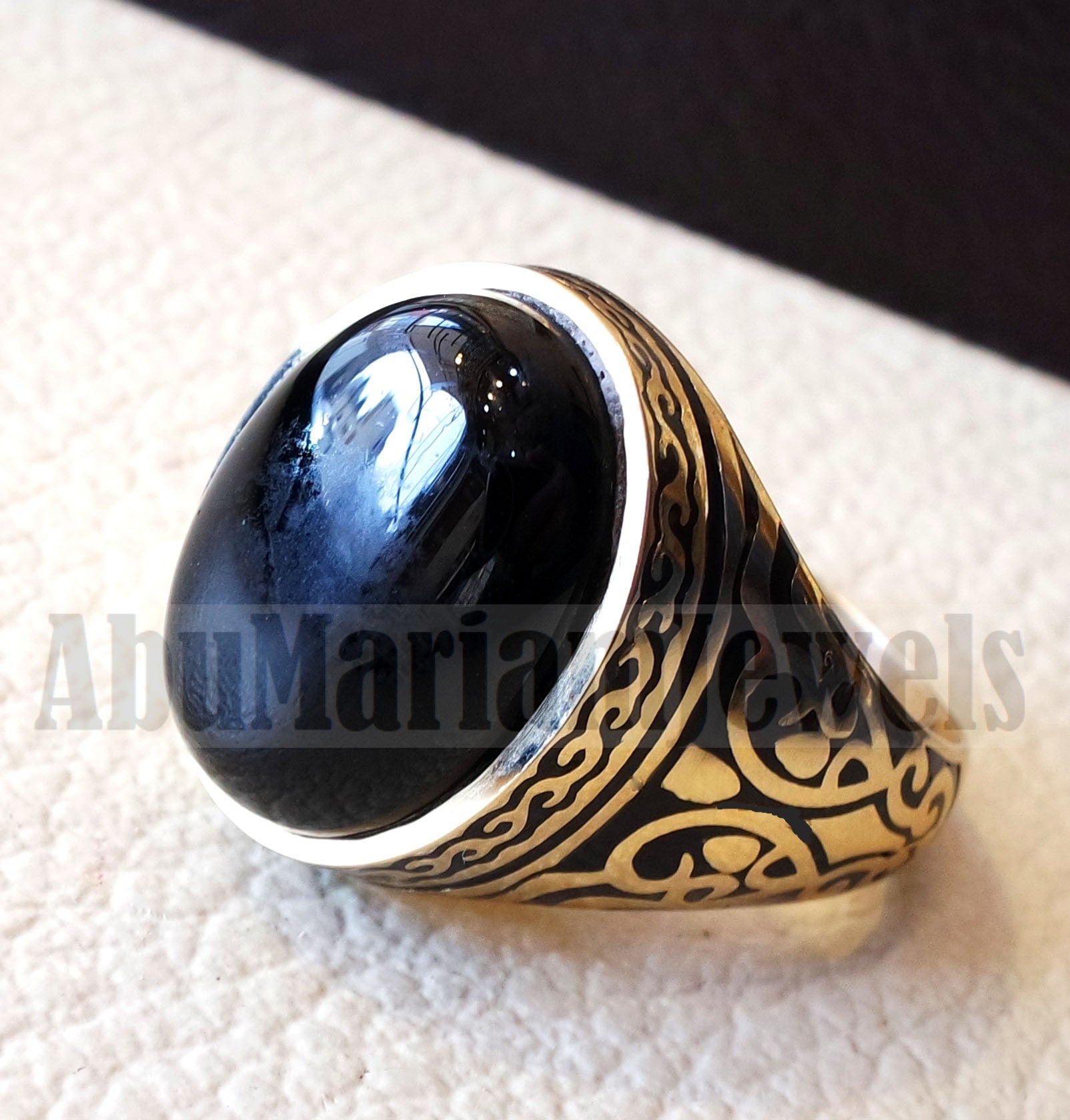 18k gold men ring black onyx cabochon high quality natural stone all sizes Ottoman signet style fine jewelry fast shipping