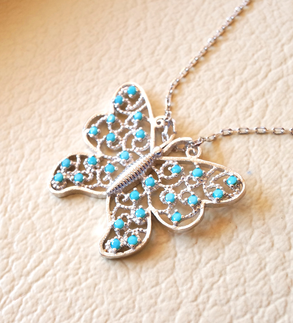 Butterfly necklace sterling silver 925 nano turquoise cubic zircon stones high quality chain