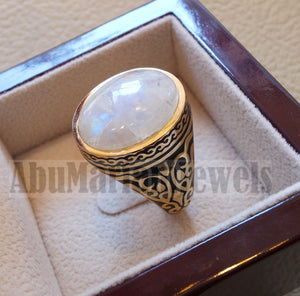 18k gold men ring moonstone cabochon high quality flashy white natural stone all sizes Ottoman signet style fine jewelry fast shipping