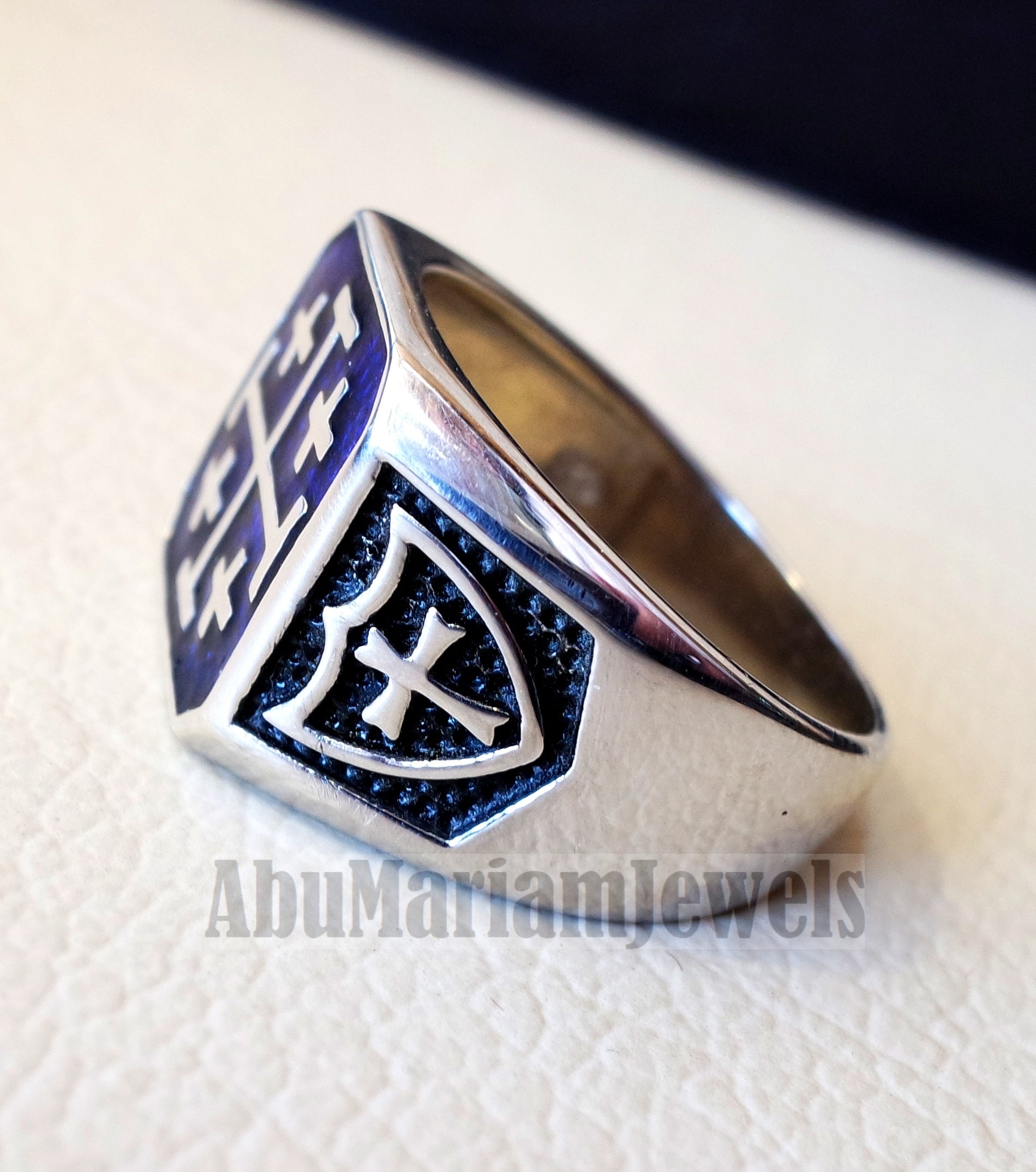 Jerusalem Cross ring christ christian symbol sterling silver 925 blue enamel man gift jewelry fast shipping square shape Catholic Orthodox