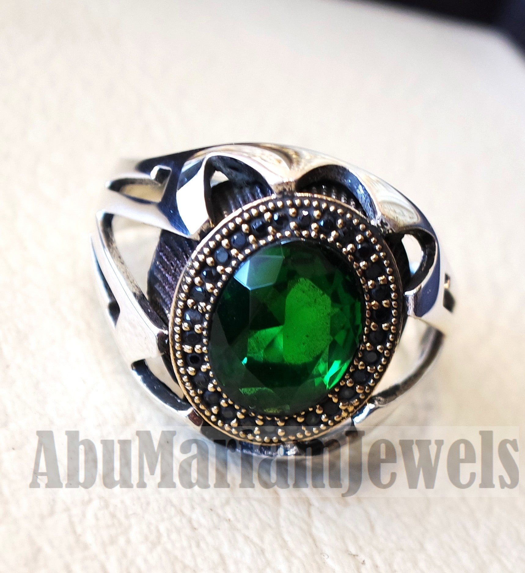 Green corundum identical to genuine emerald stone black cubic zircon on bronze frame stunning sterling silver 925 men ring all sizes