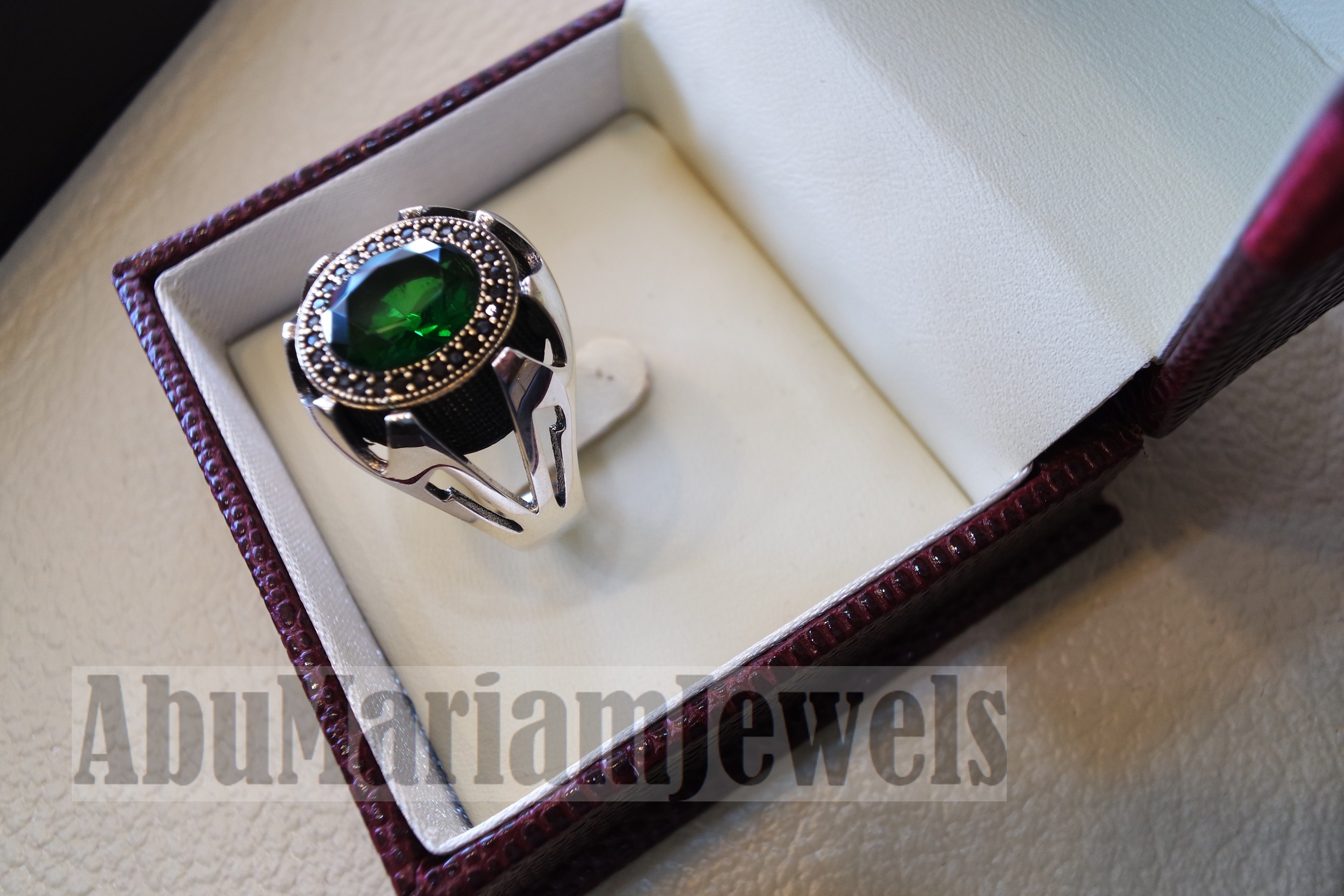 Green corundum identical to genuine emerald stone black cubic zircon on bronze frame stunning sterling silver 925 men ring all sizes