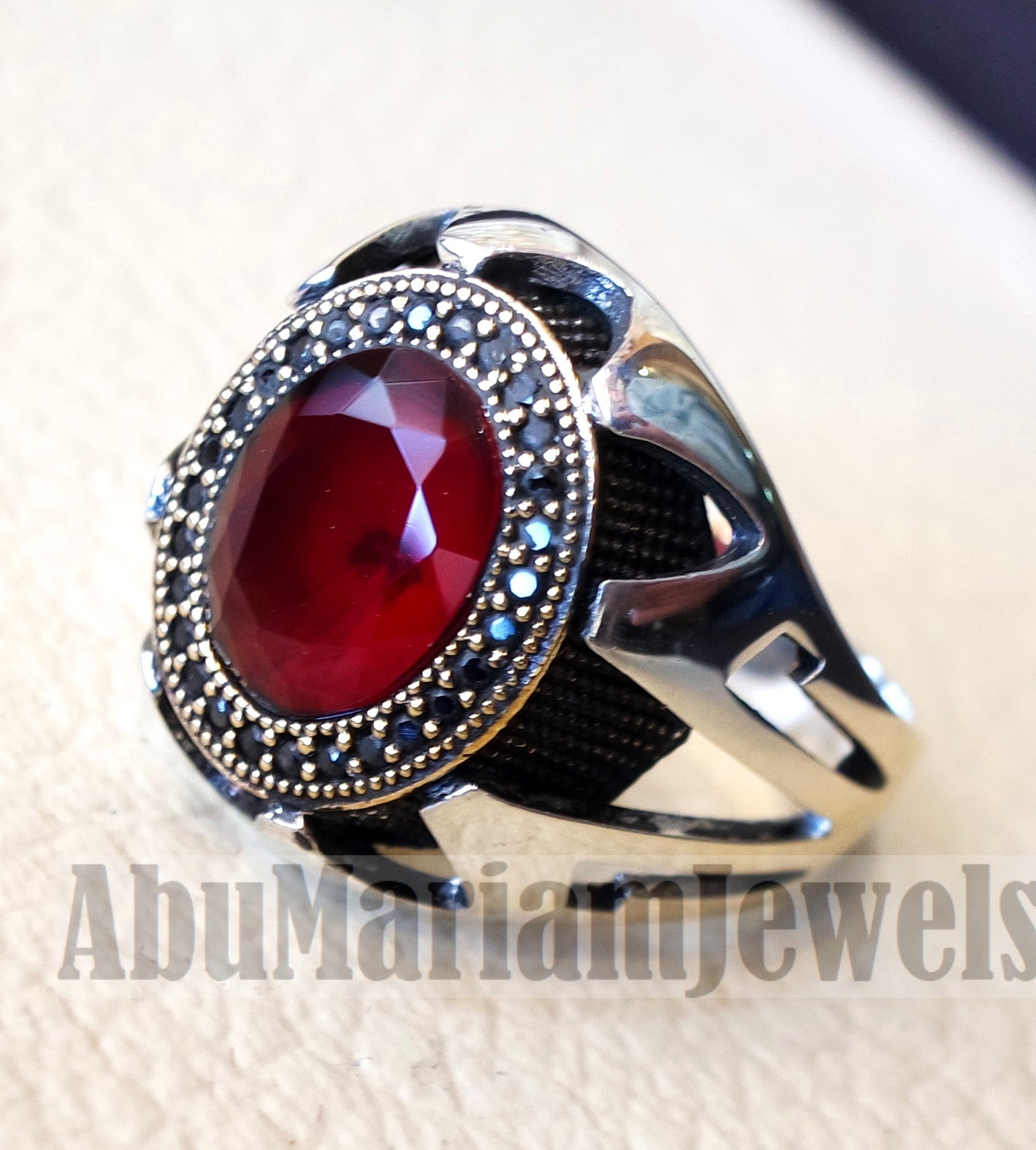 Red corundum identical to genuine ruby stone black cubic zircon on bronze frame stunning sterling silver 925 men ring all sizes