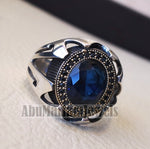 Blue corundum identical to genuine sapphire stone black cubic zircon on bronze frame stunning sterling silver 925 men ring all sizes