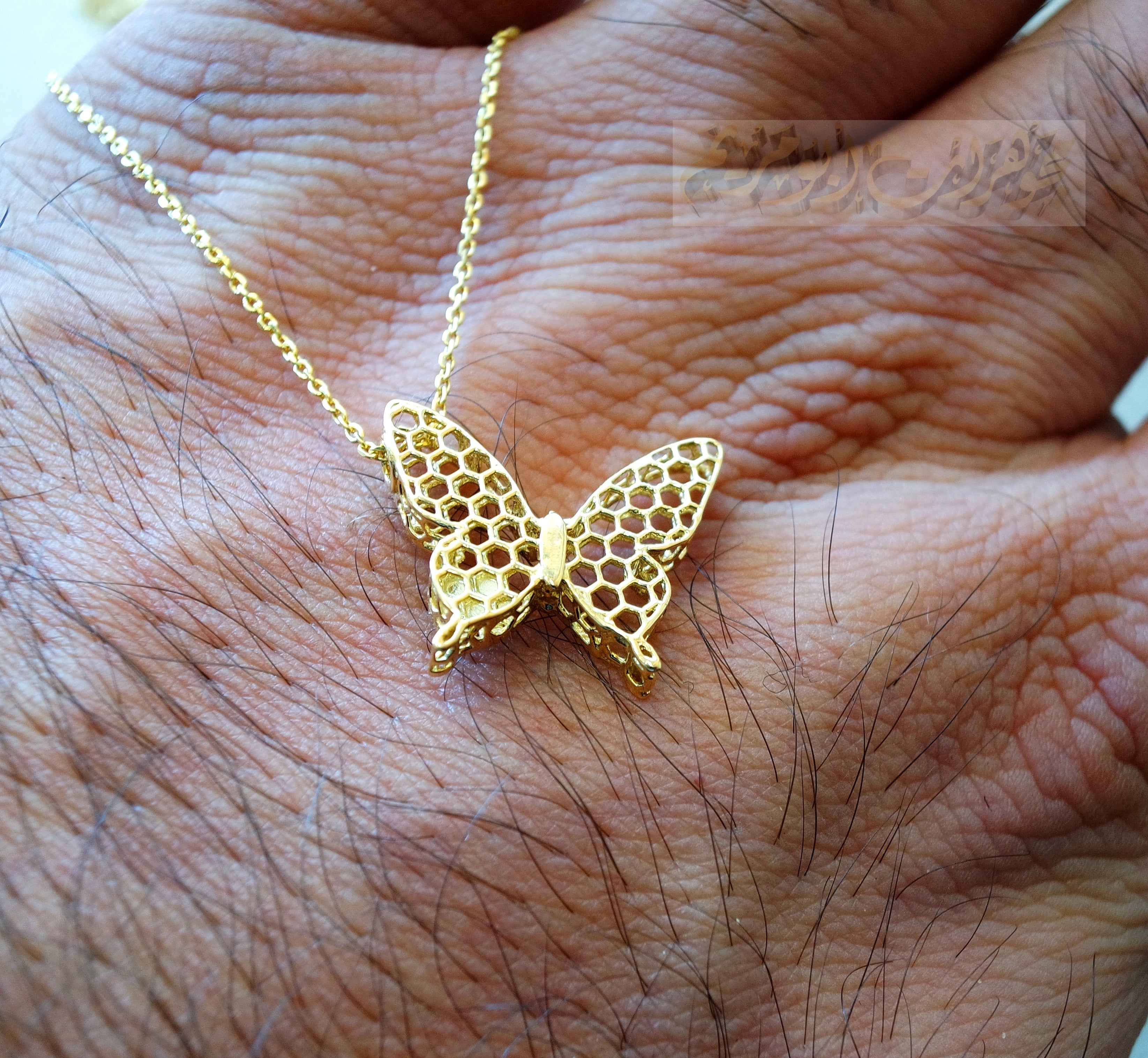 Honeycomb butterfly 3d 18K yellow gold necklace pendant and chain fine jewelry full insured shipping
