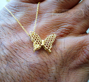 Honeycomb butterfly 3d 18K yellow gold necklace pendant and chain fine jewelry full insured shipping