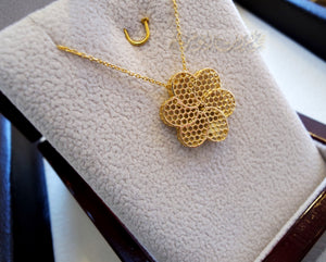 Honeycomb flower 3d 18K yellow gold necklace pendant and chain gift fine jewelry full insured shipping
