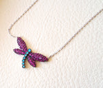 Colorful butterfly cubic zircon ruby and turquoise red and blue colors sterling silver 925 necklace and pendant