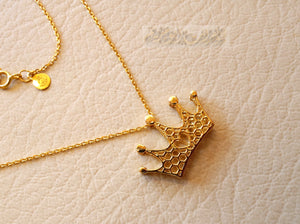 Honeycomb Cinderlla crown 3d 18K yellow gold necklace pendant and chain gift fine jewelry full insured shipping
