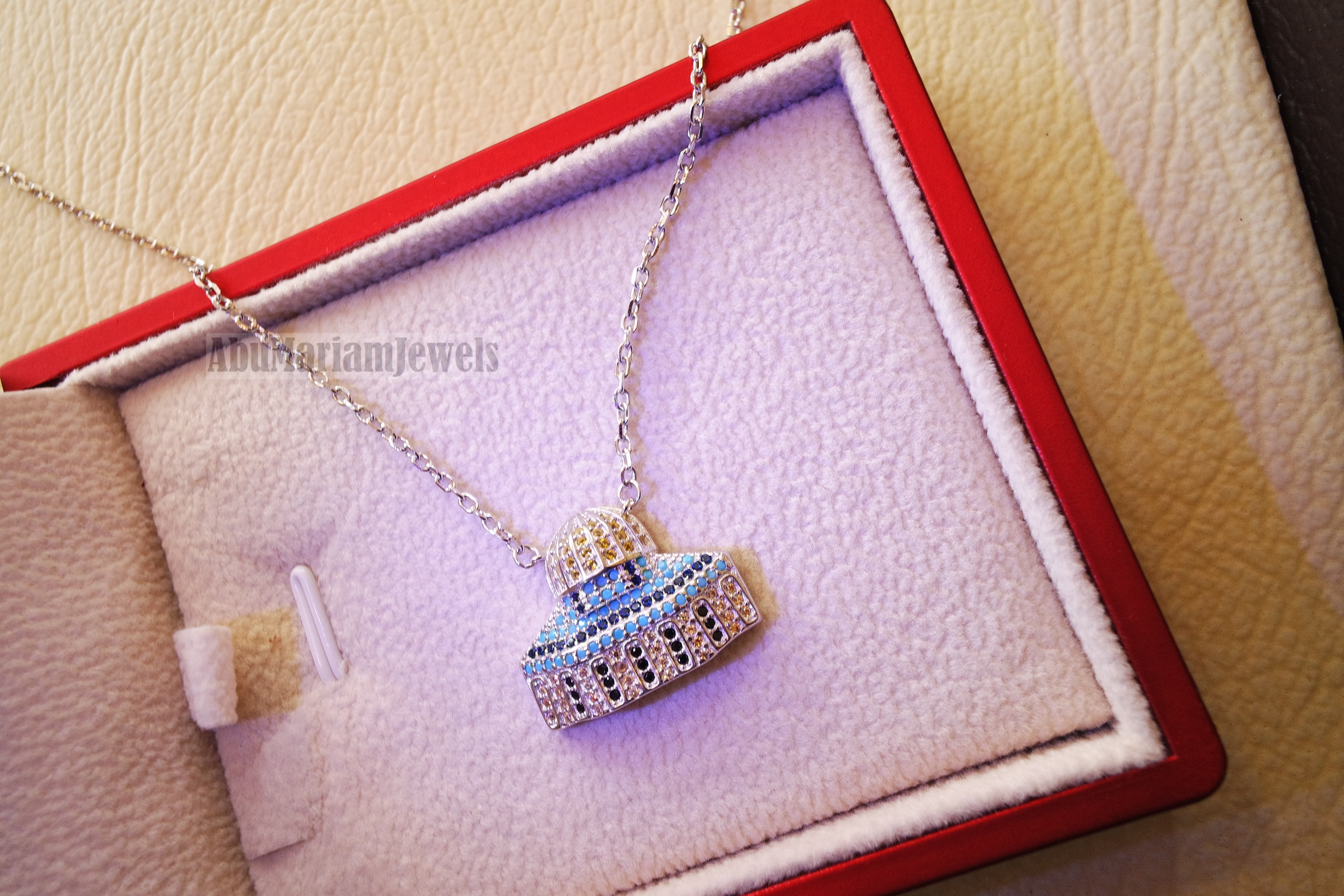 Al Aqsa mosque necklace muslim gift sterling silver 925 with cubic Zirconia colorful micro setting المسجد الأقصى