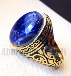 18k yellow gold men ring sodalite cabochon high quality natural stone all sizes Ottoman signet style fine jewelry fast shipping