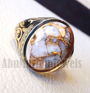 18k yellow gold men ring copper calcite cabochon high quality natural stone all sizes Ottoman signet style fine jewelry fast shipping