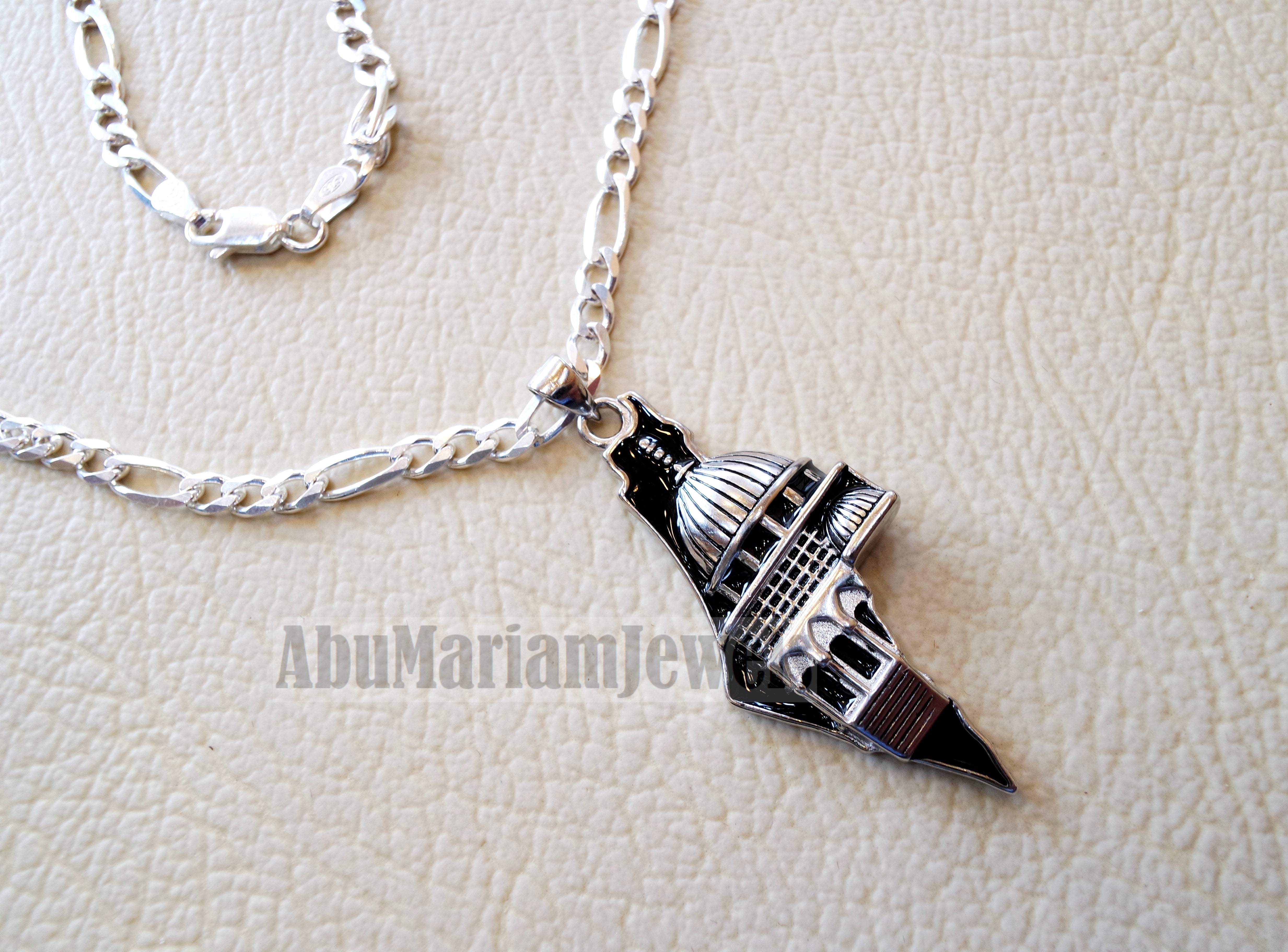 Big Palestine map with Aqsa mosque pendant with thick chain sterling silver 925 white and black jewelry arabic fast shipping خارطه و علم فلسطين