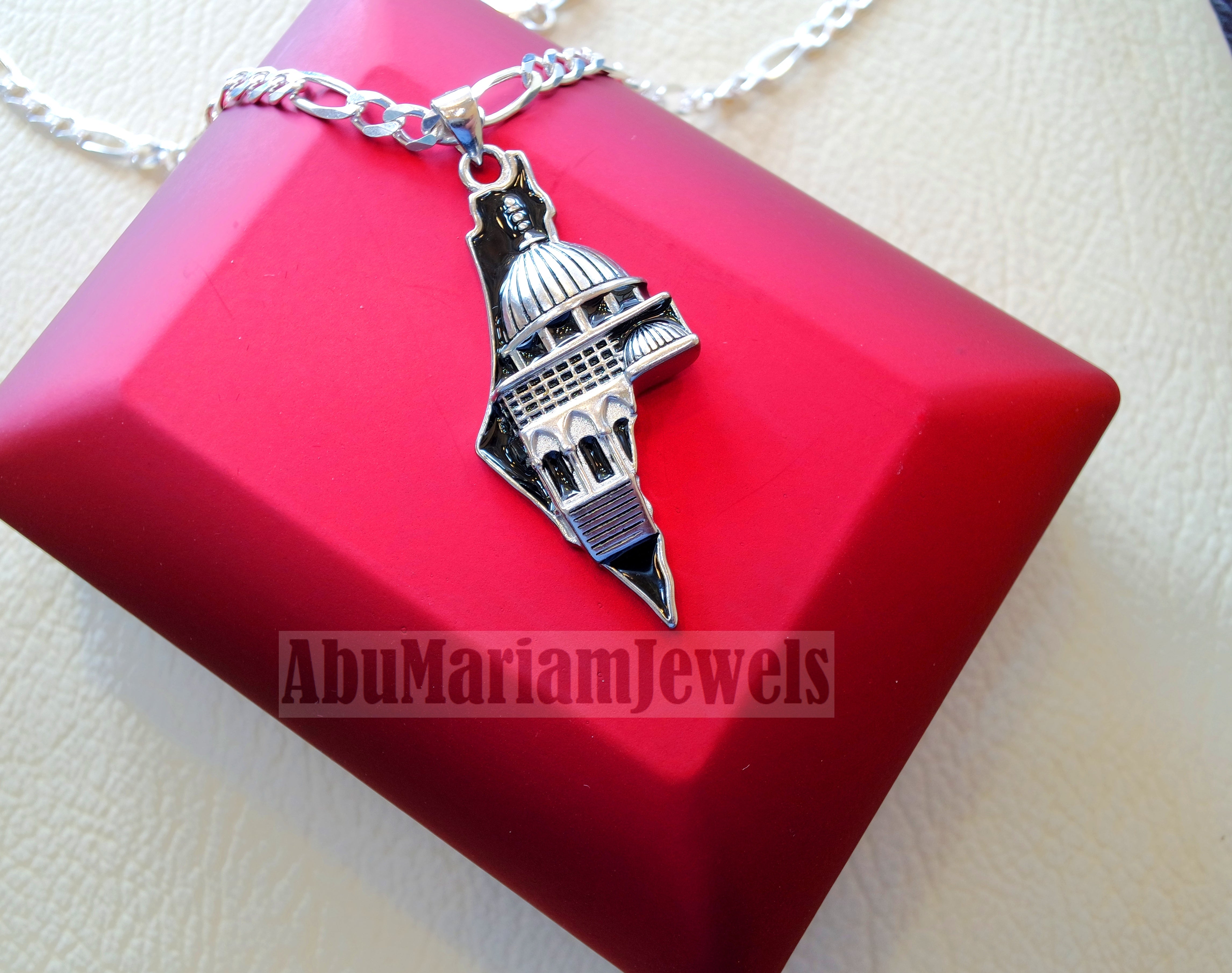 Big Palestine map with Aqsa mosque pendant with thick chain sterling silver 925 white and black jewelry arabic fast shipping خارطه و علم فلسطين