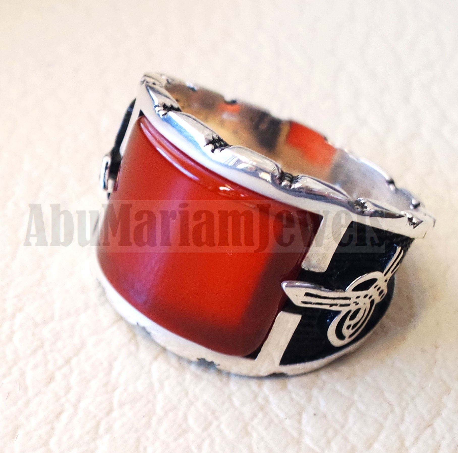 square aqeeq ring red semi precious carnelian natural flat stone sterling silver 925 all sizes arabic ottoman style men jewelry handmade