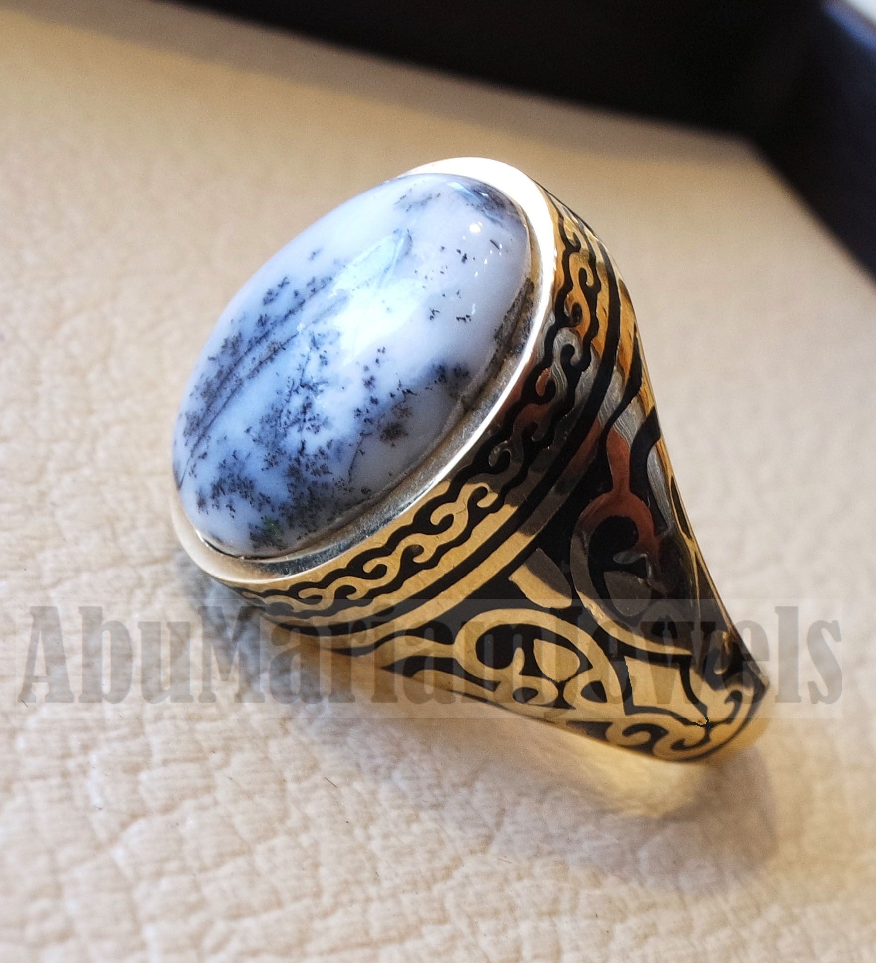 18k yellow gold men ring dendritic opal cabochon high quality natural stone all sizes Ottoman signet style fine jewelry fast shipping