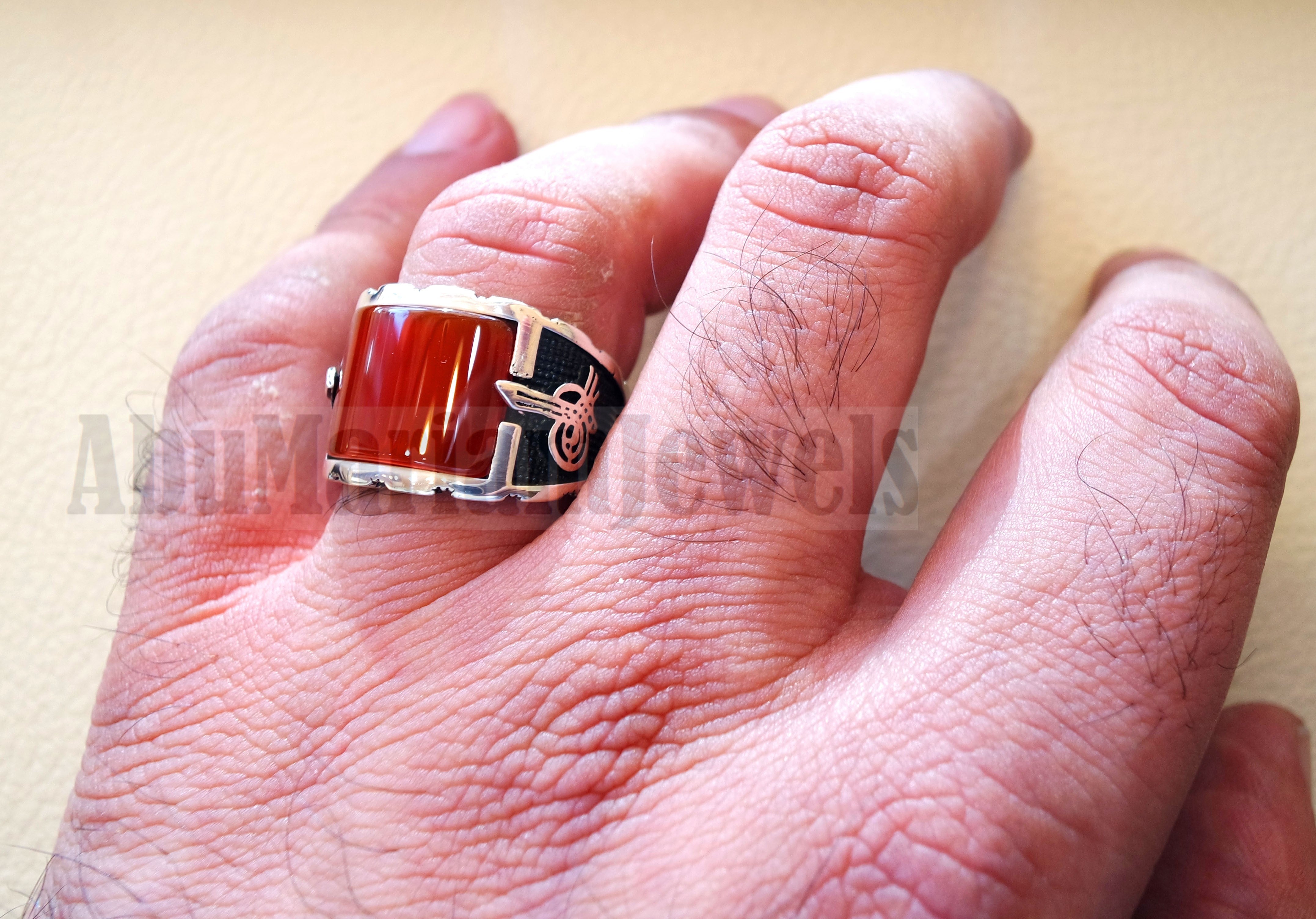 square aqeeq ring red semi precious carnelian natural flat stone sterling silver 925 all sizes arabic ottoman style men jewelry handmade