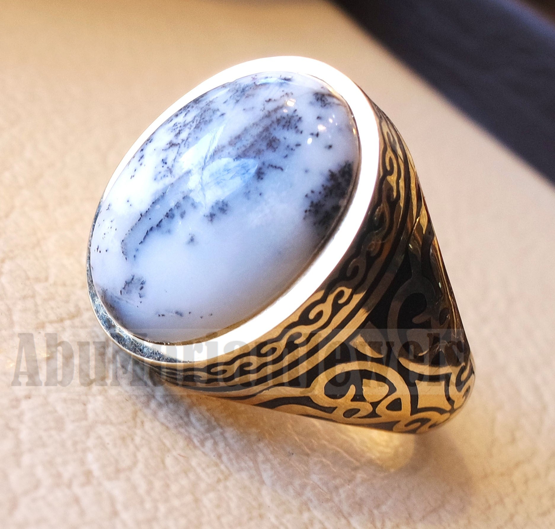 18k yellow gold men ring dendritic opal cabochon high quality natural stone all sizes Ottoman signet style fine jewelry fast shipping