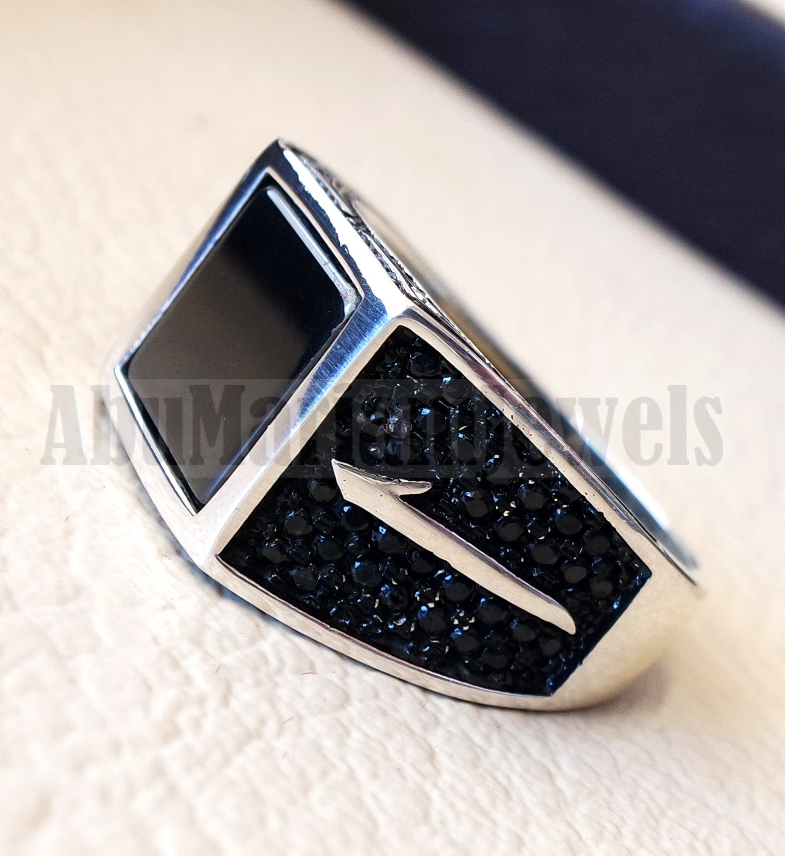 Square Alif Arabic Abjad stunning black onyx man ring sterling silver and black cubic zircon micro setting on sides natural flat gem الف عربي