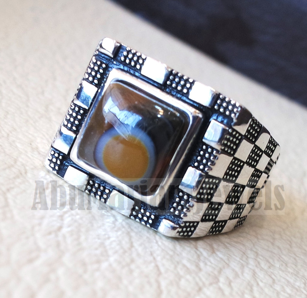 Square Cushion yamani aqeeq natural semi precious multi color agate gemstone men ring sterling silver 925 jewelry all sizes عقيق يماني