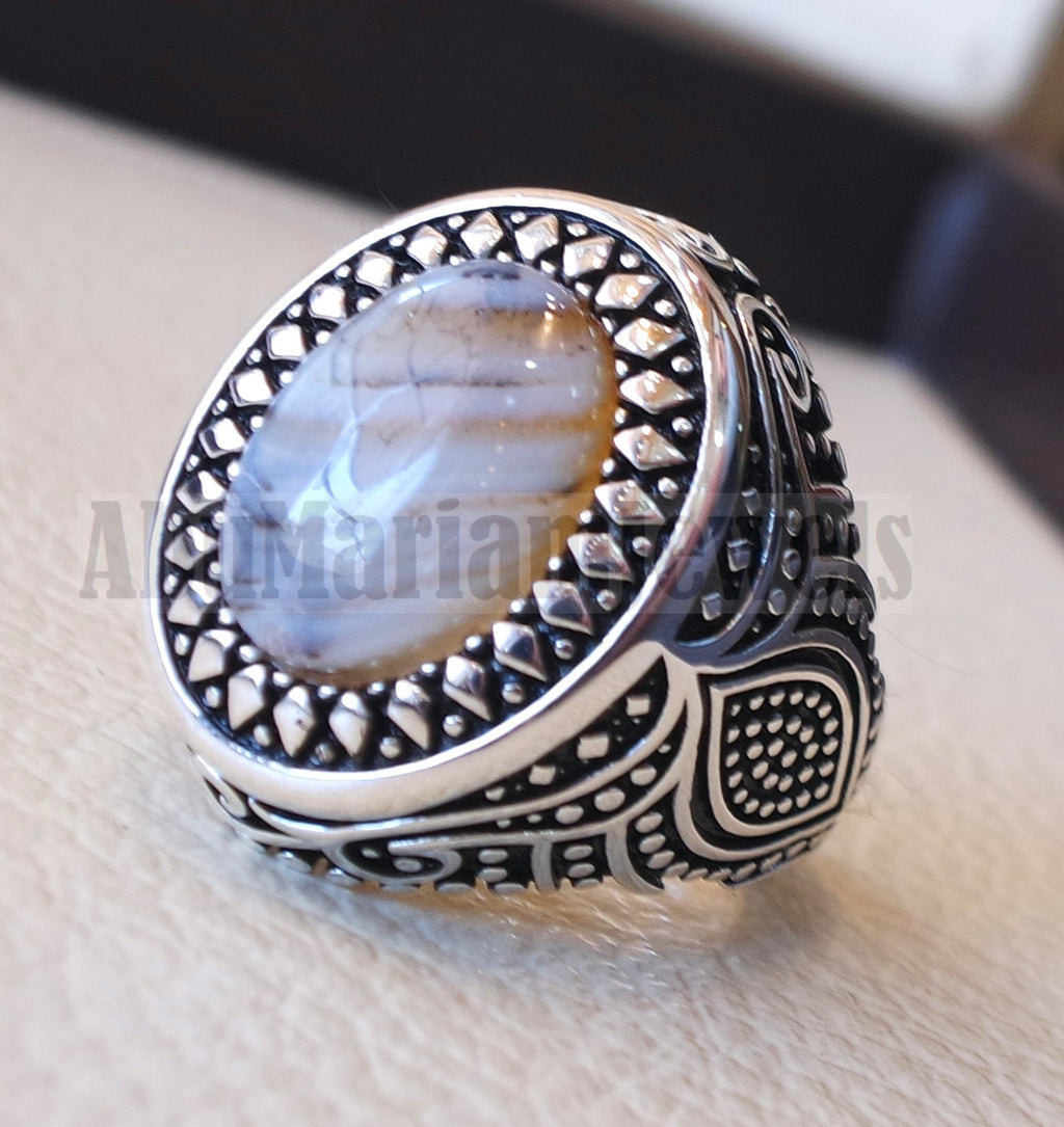 oval yamani aqeeq natural semi precious multi color agate gem men ring sterling silver 925  jewelry all sizes عقيق يماني 1102