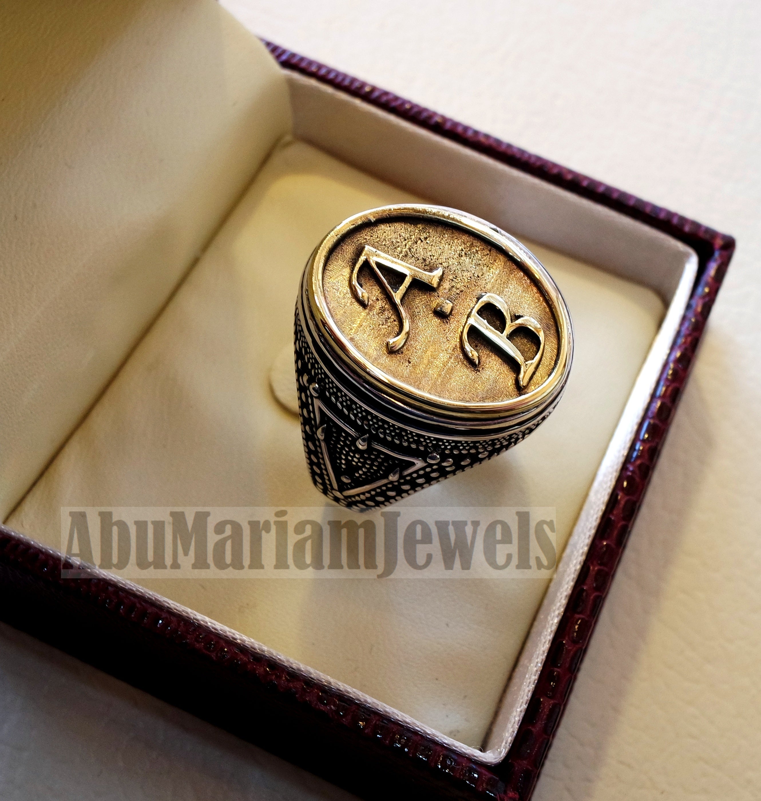 Initials Customized men ring personalized any 2 letters antique jewelry style sterling silver 925 and bronze any size In-1003