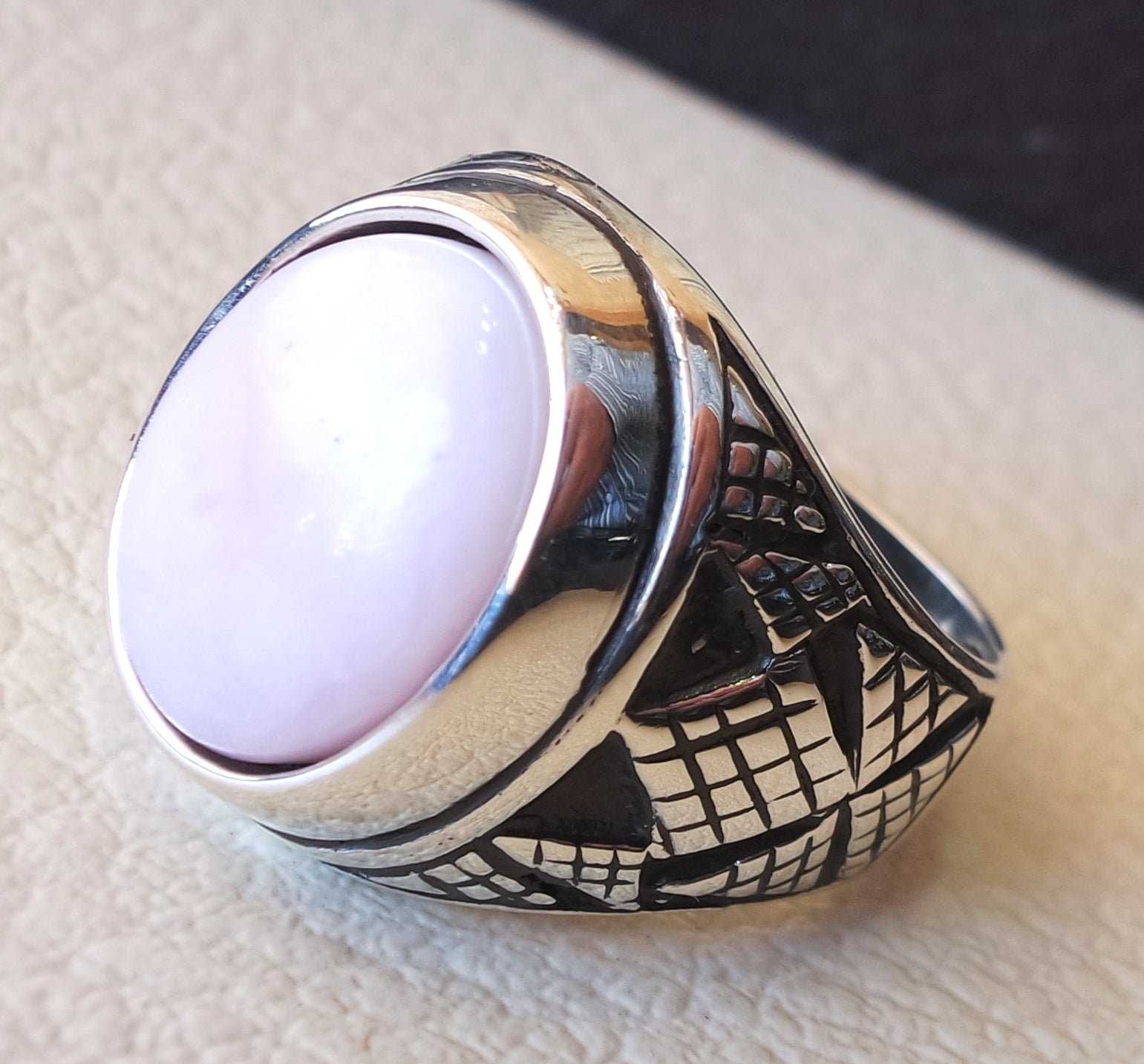 pink opal natural stone men ring sterling silver 925 stunning genuine gem ottoman arabic style jewelry all sizes