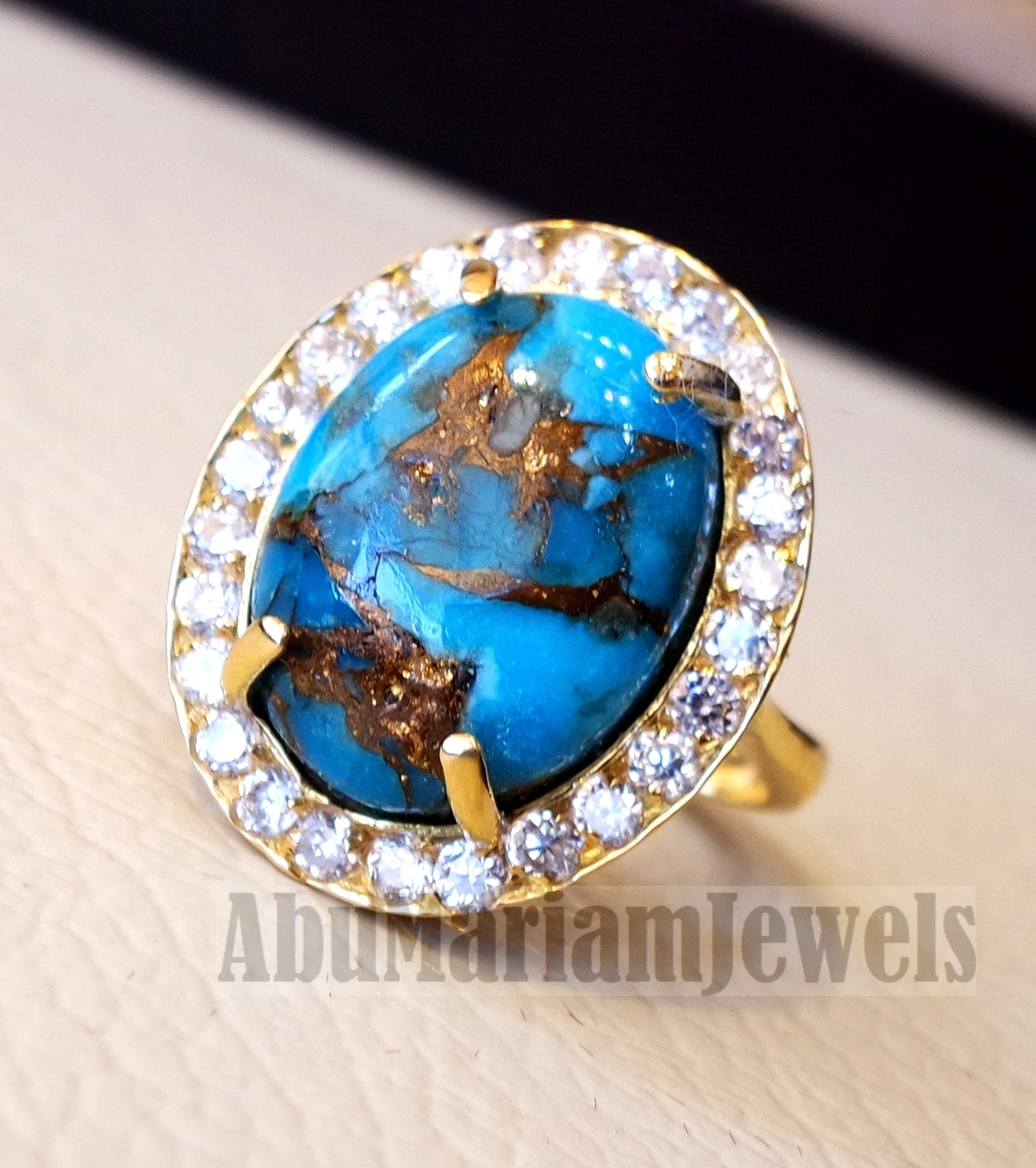 Women 18K gold naural copper turquoise ladies ring cabochon oval stone all sizes jewelry classic style white cubic zircon around