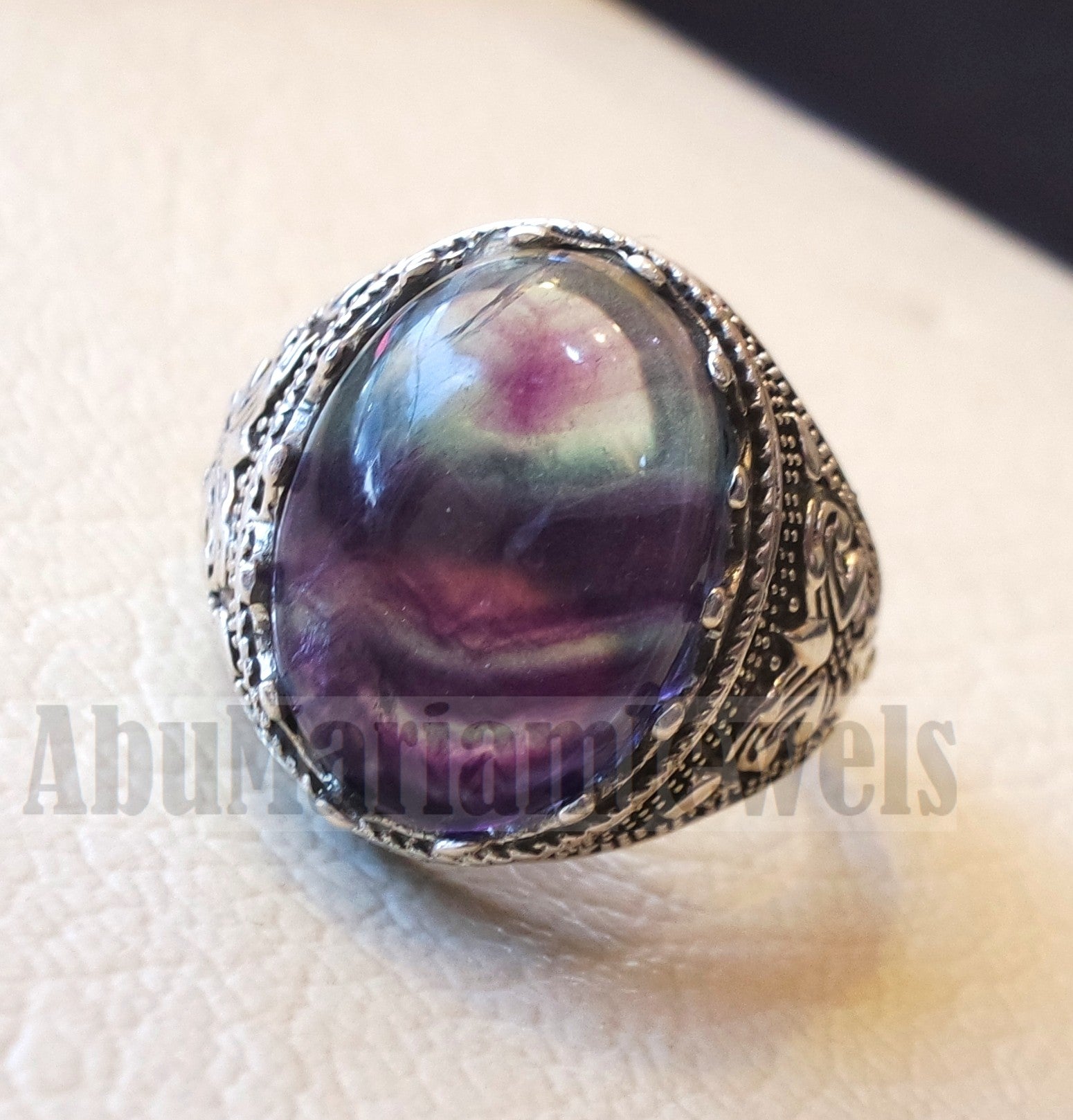 natural multi color fluorite purple blue green huge men ring sterling silver 925 mind clarity stone all sizes jewelry fast shipping