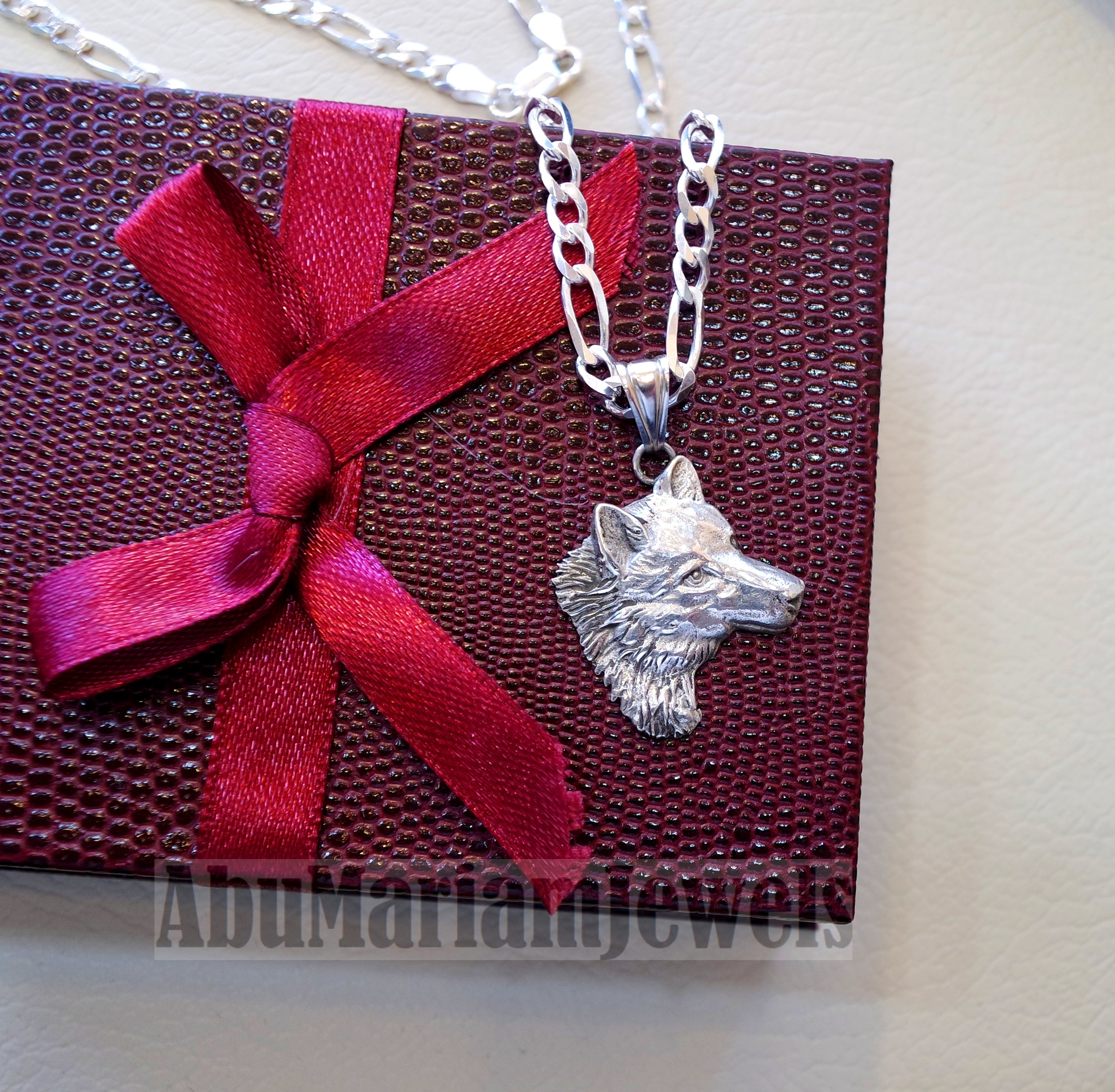 wolf , Husky dog sterling silver 925 pendant with thick figaro chain handmade animal head jewelry fast shipping detailed craftsmanship
