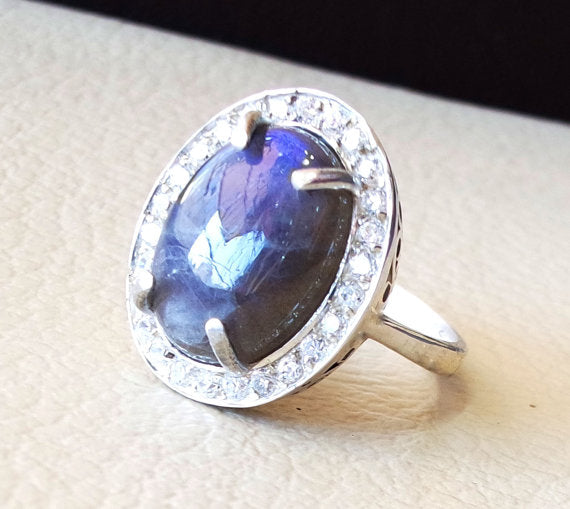 women ring flashy blue labradorite entourage white cubic zircon pave setting sterling silver 925 all sizes natural oval cabochon stone