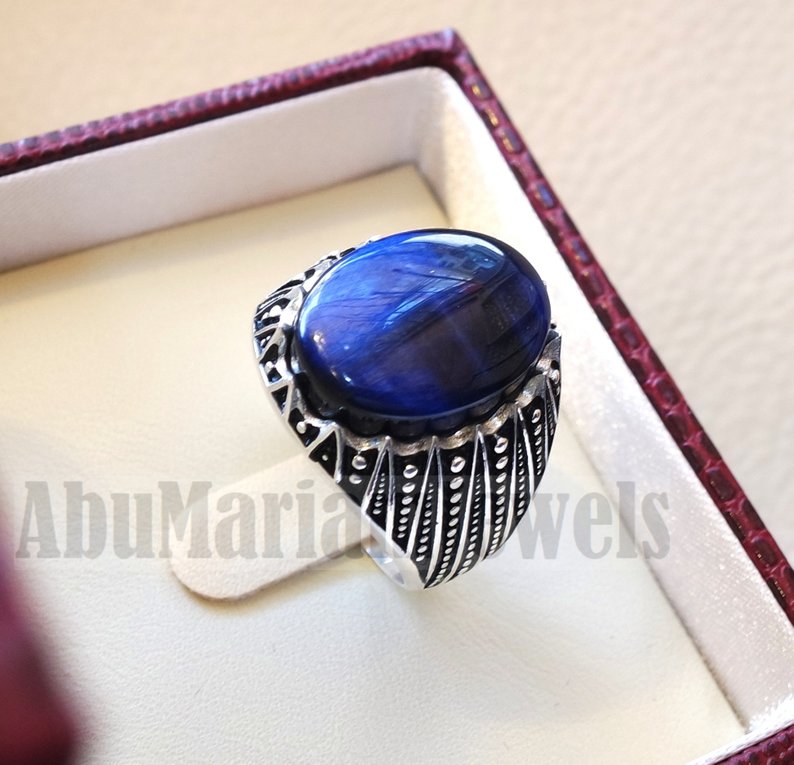 Stunning tiger eye blue stone men ring sterling silver 925 and jewelry handmade arabic turkey ottoman style any size