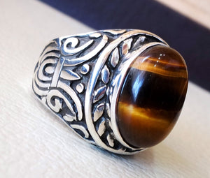 big men ring tiger eye cat eye natural cabochon semi precious oval stone ottoman antique  arabic style two tone sterling silver 925