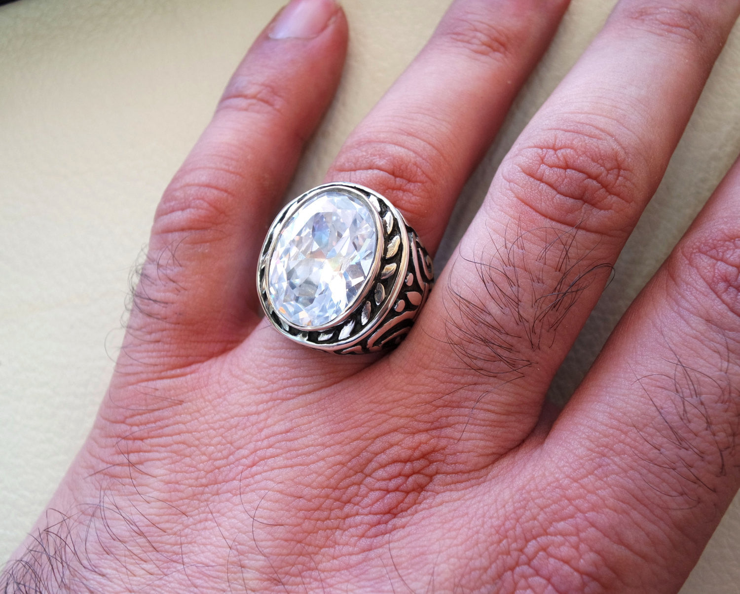 diamond men ring synthetic stone high quality white color cubic zircon huge  sterling silver 925 any size ottoman arabic style jewelry