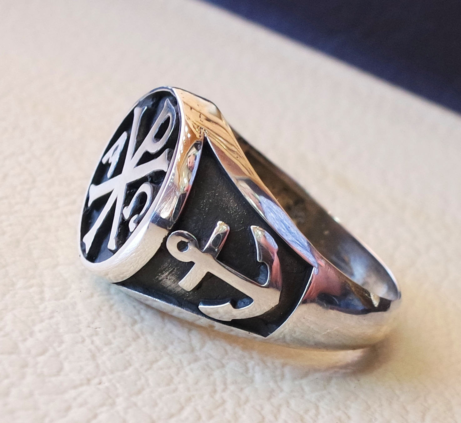 Chi Rho anchor on the sides cross christ christian symbol sterling silver 925 heavy man ring jewelry fast shipping round  shape all sizes