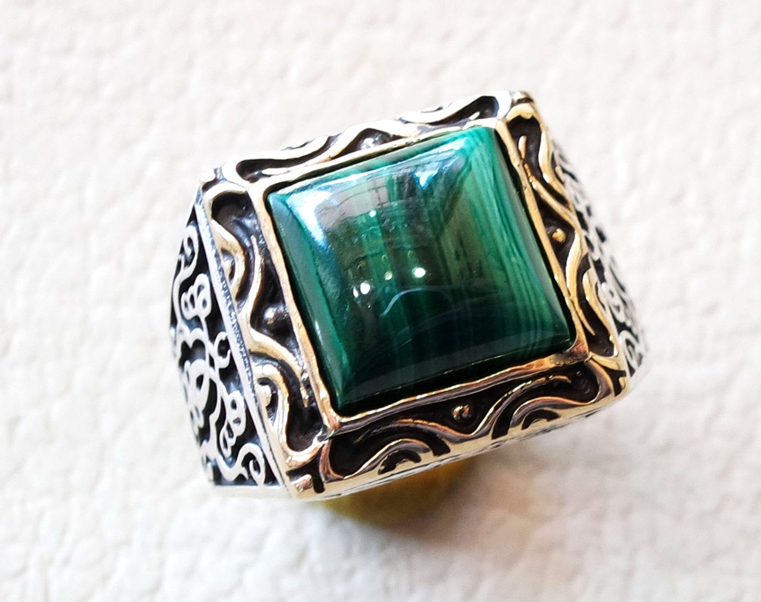 square natural malachite high quality green stone heavy sterling silver 925 man ring bronze frame any size ottoman style jewelry