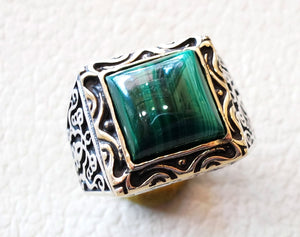 square natural malachite high quality green stone heavy sterling silver 925 man ring bronze frame any size ottoman style jewelry