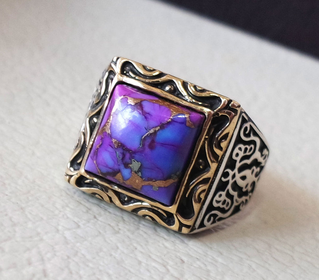 square natural copper turquoise high quality purple stone heavy sterling silver 925 man ring bronze frame any size ottoman style jewelry