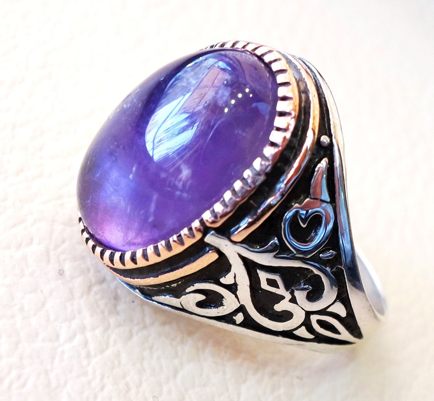 amethyst agate natural stone sterling silver 925 man ring vintage arabic  turkish ottoman style jewelry oval purple gem all sizes bronze