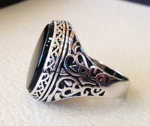 aqeeq natural agate onyx semi precious stone oval black flat gem man ring sterling silver arabic middle eastern turkey style fast shipping
