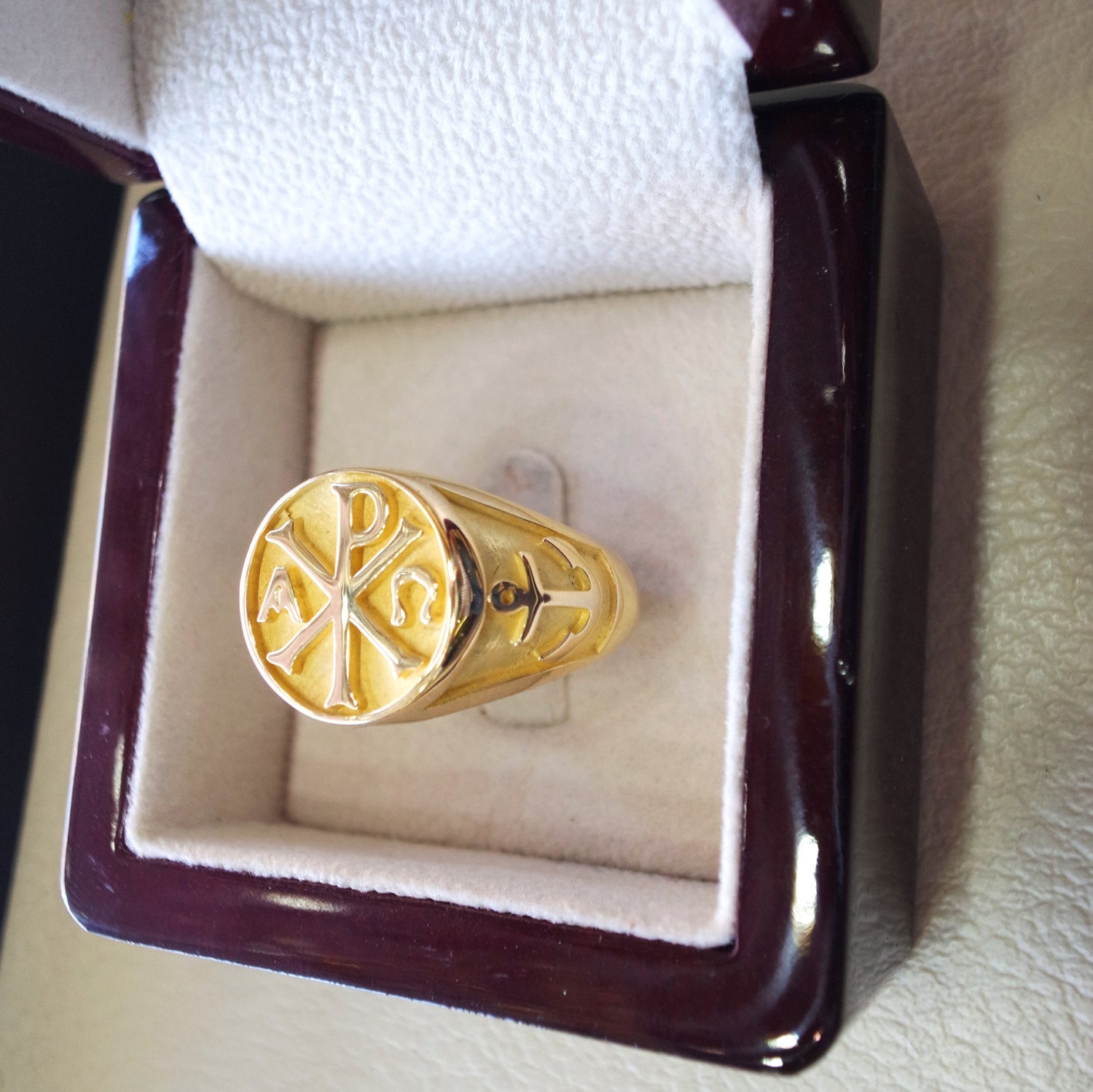Chi Rho anchor cross christ christian symbol 18 k gold heavy man ring made to order fine jewelry full insured shipping and wood box