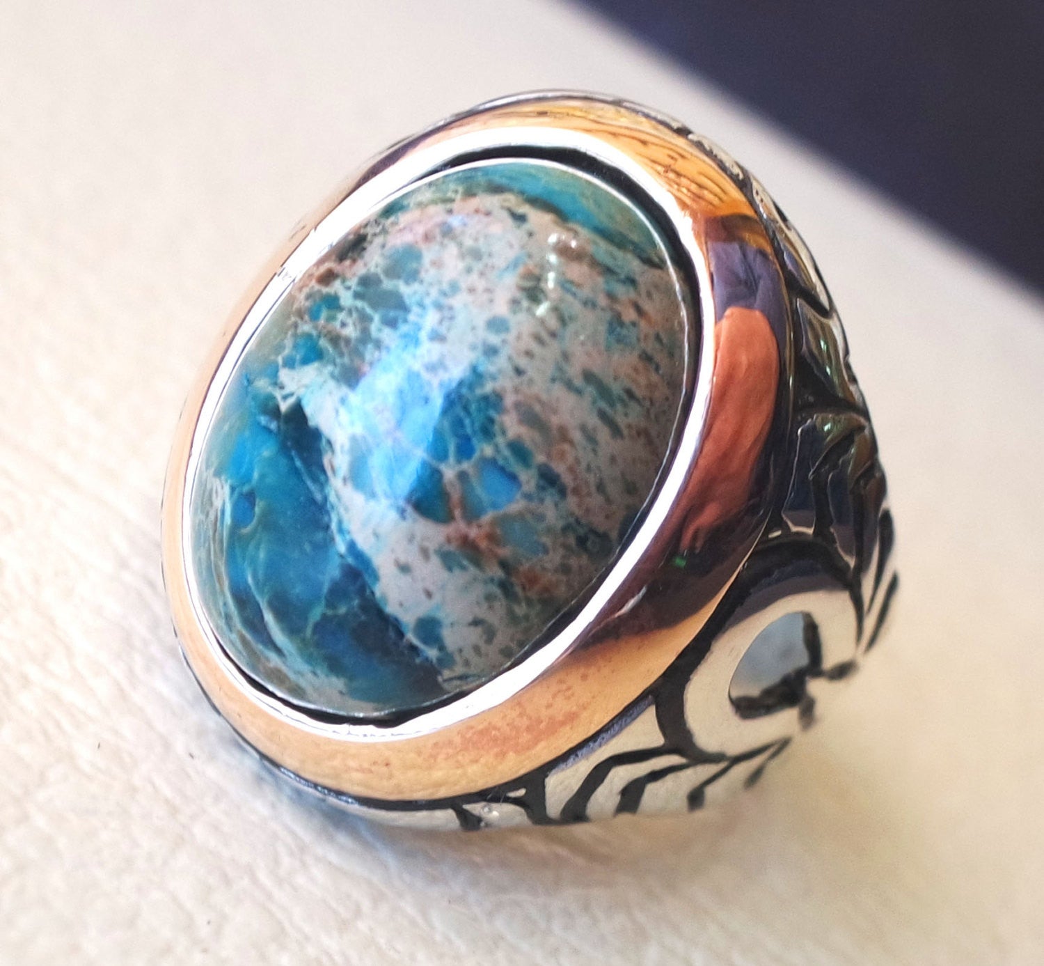 men ring sea sediment jasper multi color green blue brown stone all sizes  natural semi precious sterling silver 925 bronze frame jewelry