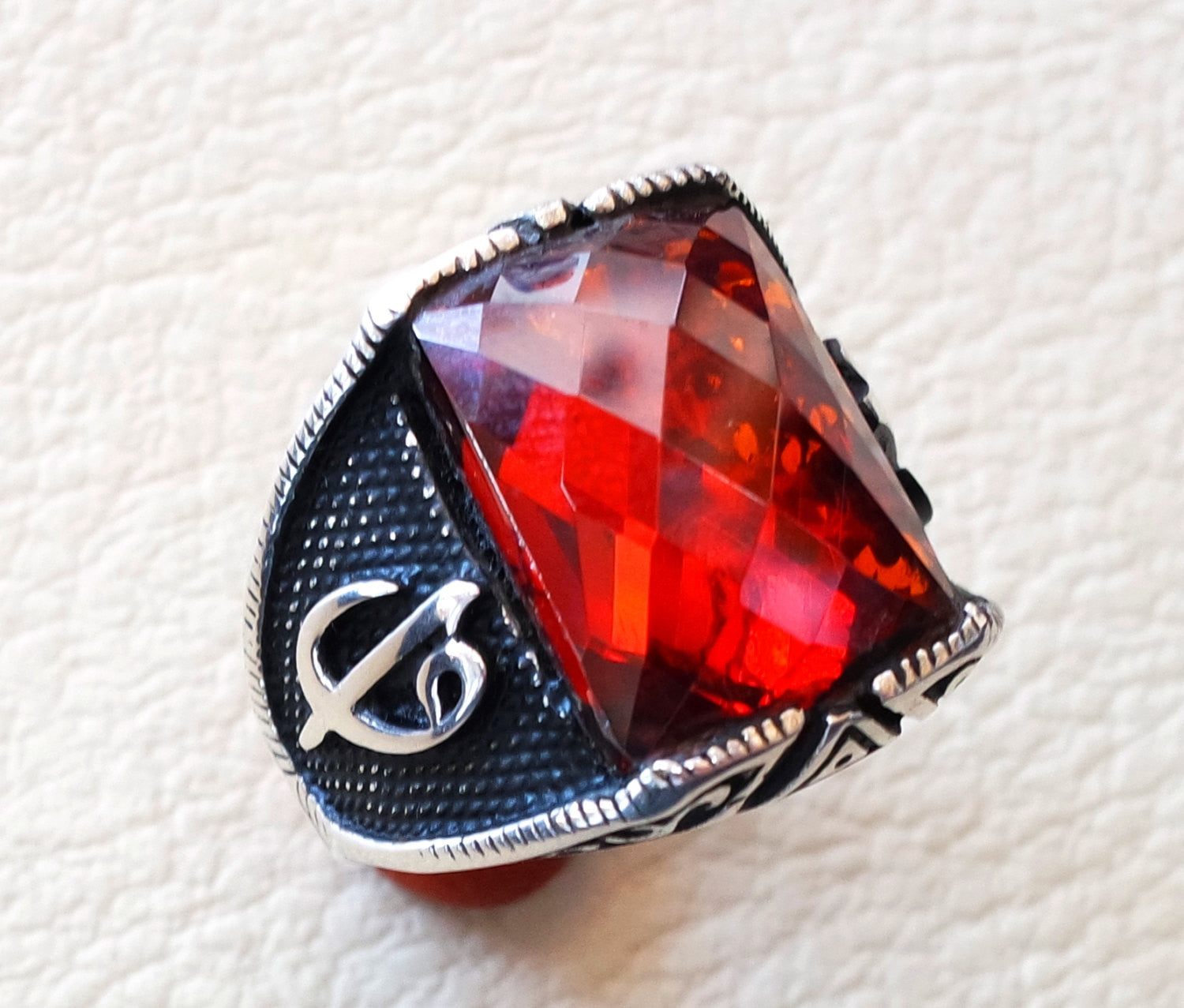 ottoman red ruby imitation  sterling silver 925 antique men ring arabic waw vav jewelry any size fast shipping rectangular stone