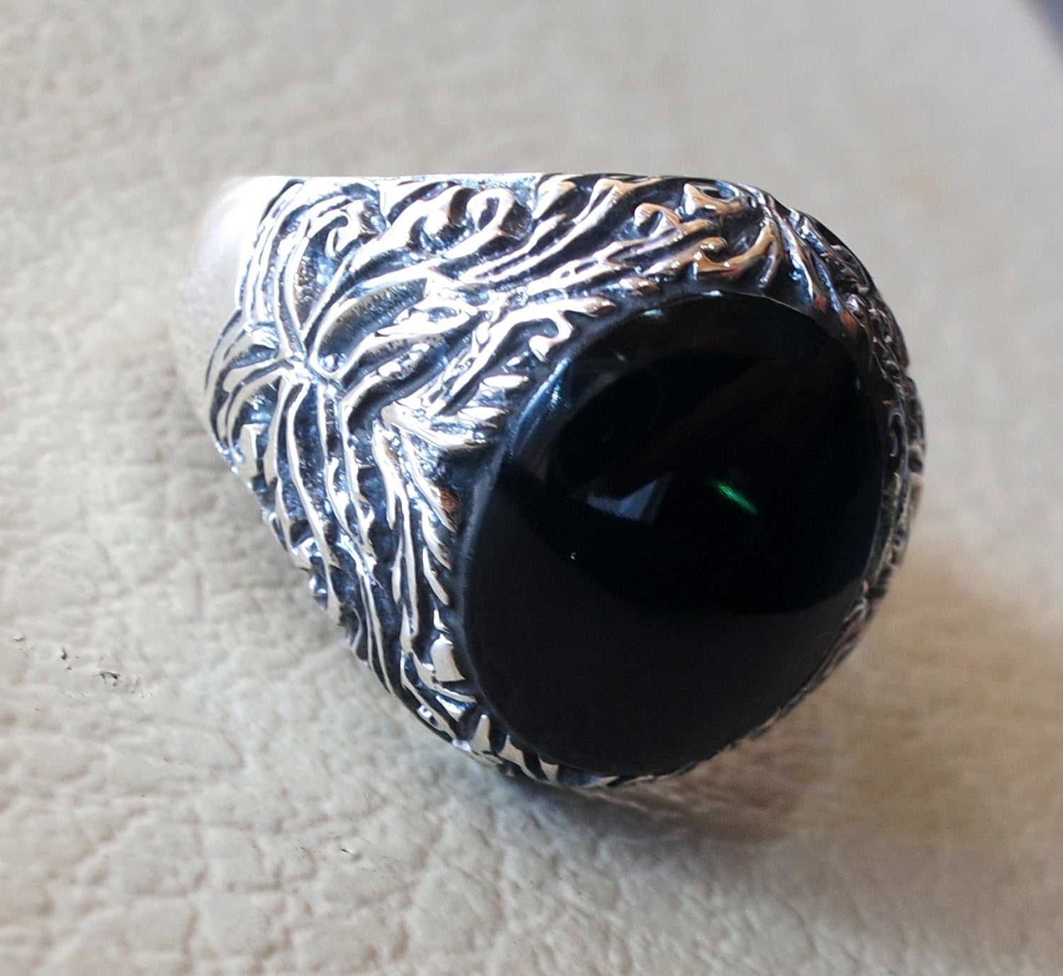 man ring aqeeq natural agate onyx oval stone black gem heavy  sterling silver antique ottoman turkey style fast shipping all sizes men gift