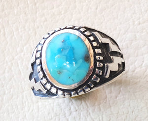 restructured natural turquoise oval blue stone sterling silver 925 man ring  any size  middle eastern ottoman style jewelry