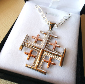 Jerusalem cross pendant two tone with heavy chain sterling silver 925 middle eastern jewelry christianity handmade heavy fast shipping