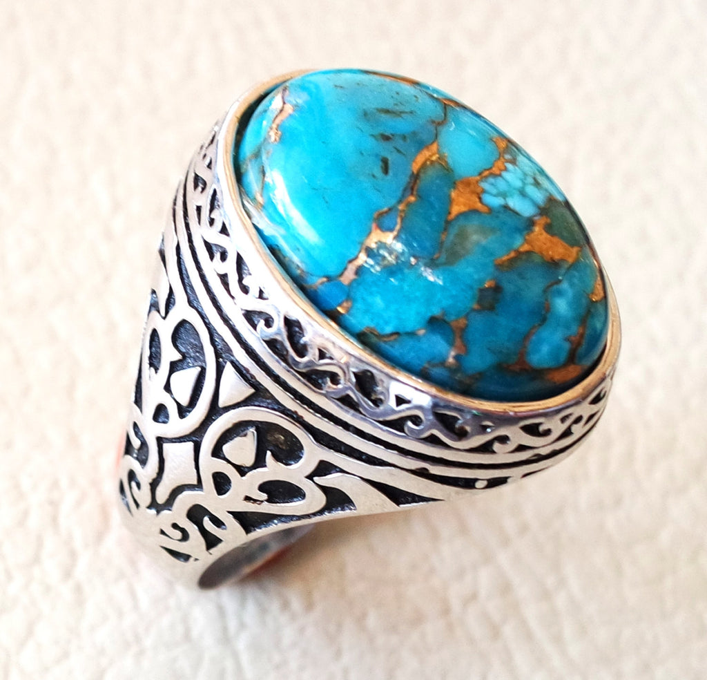 man ring copper turquoise natural stone sterling silver 925 oval cabochon semi precious gem ottoman arabic style all sizes jewelry